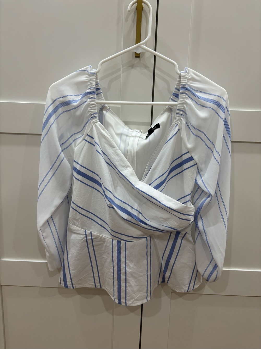 Express White and Light Blue Striped Peplum Wrap Blouse